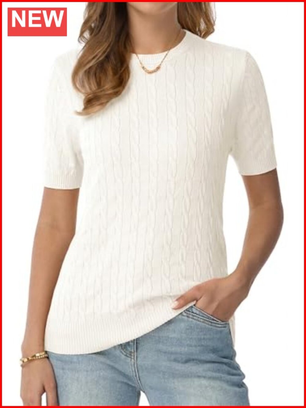 Womens Cable Knit Short Sleeve Crew Neck Sweater Lightweight Layer